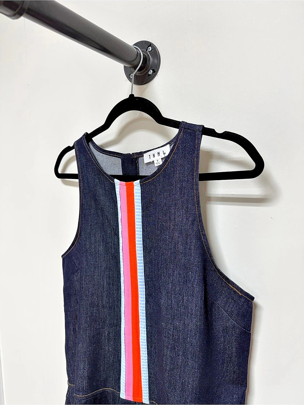 THML Denim Sleeveless Drop Waist Mini Dress Colorful Stripe Size S
